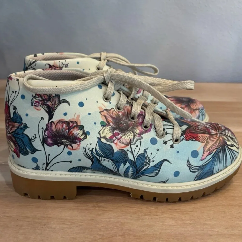 Mumka 36 Vegan Green Flowers Ankle Lace Up Floral Artisan Festival Boots (READ)